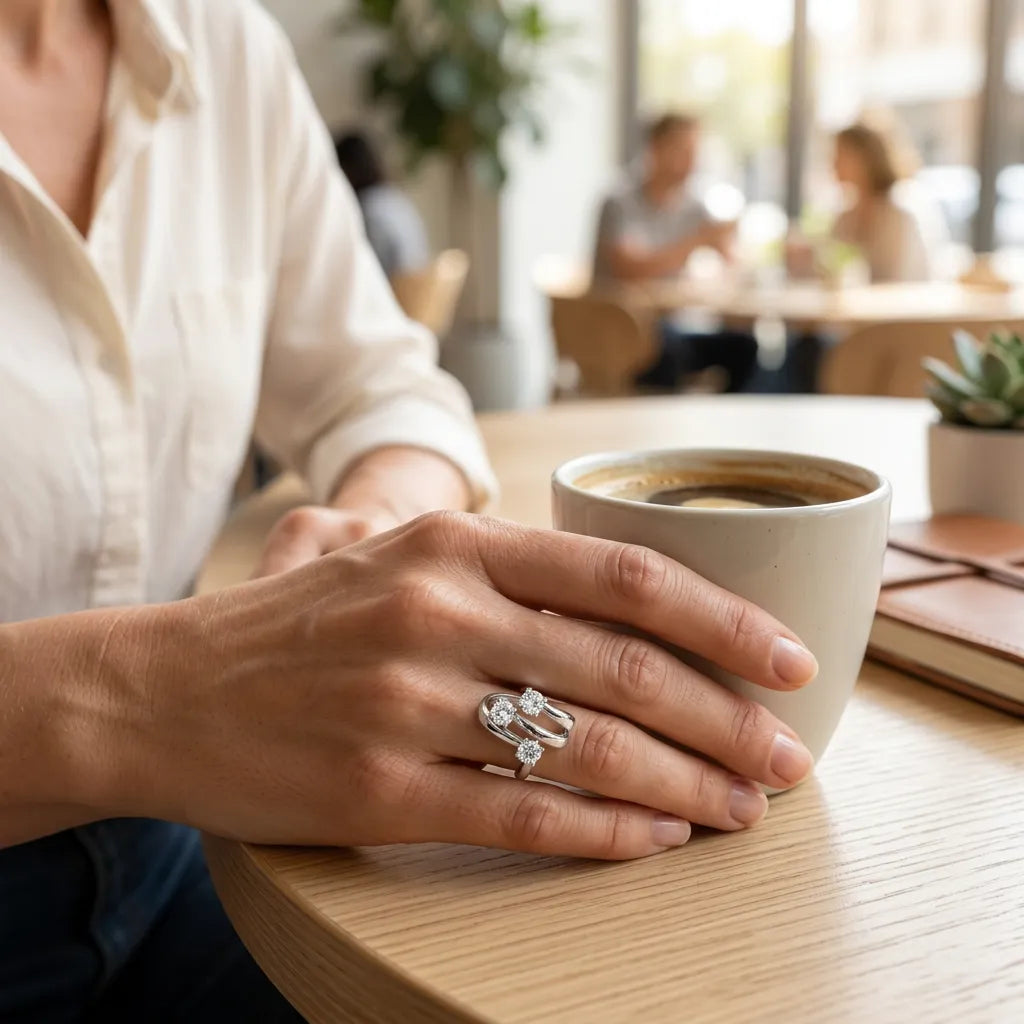 Anello trilogy sfalsato in argento 925 indossato sulla mano accanto a una tazza di caffè.