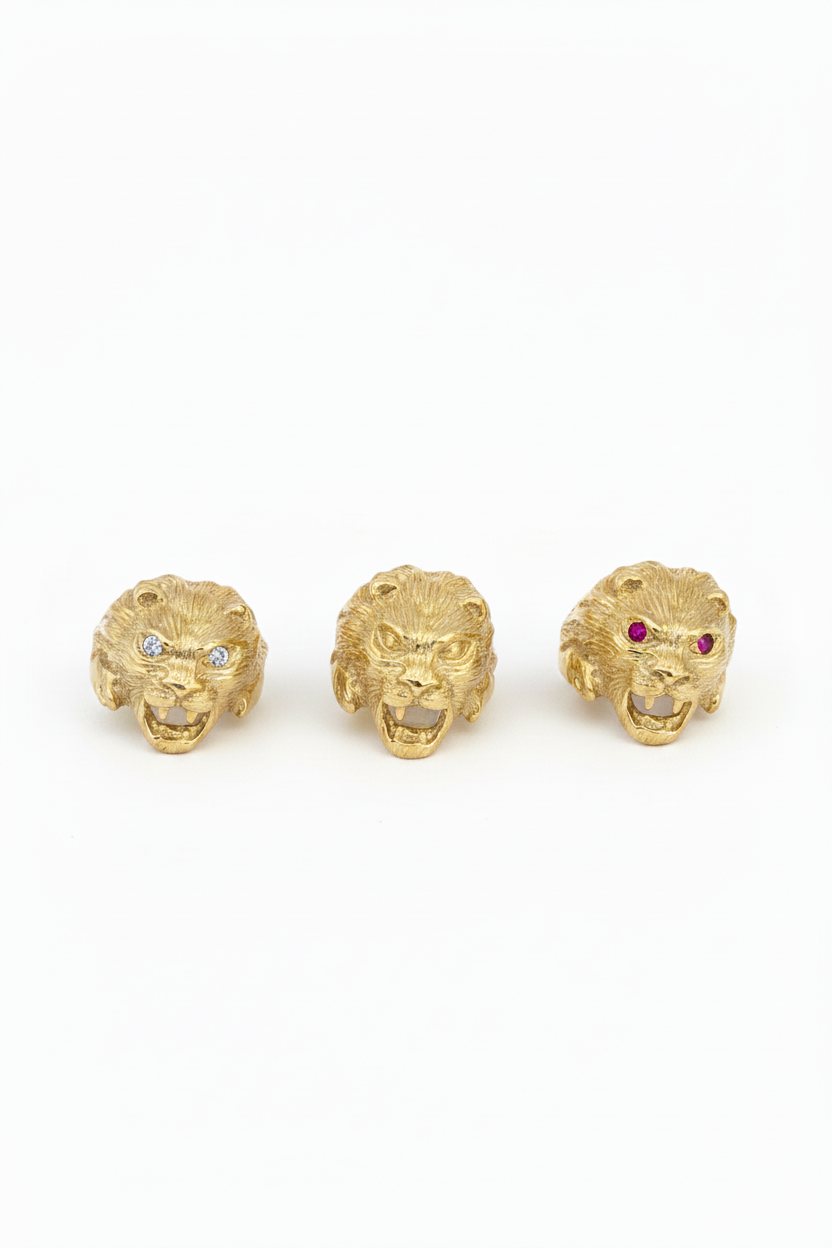 Lion Head Ring – 925 Sterling Silver Yellow Gold Plated | White or Red Eyes | Adjustable Size