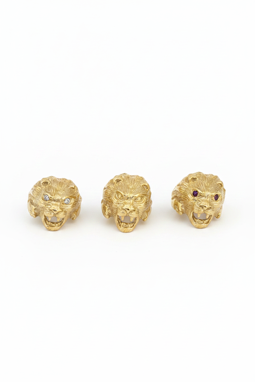 Bague Tête de Lion – Argent 925 Plaqué Or Jaune | Yeux Blancs ou Rouges | Taille Ajustable