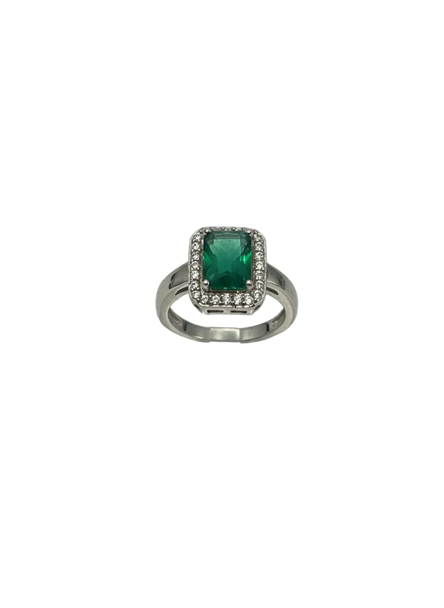 Anello in Argento 925 con Zircone Verde Smeraldo e Pavé di Zirconi Bianchi - Gioielleria CM SILVER & JEWELS