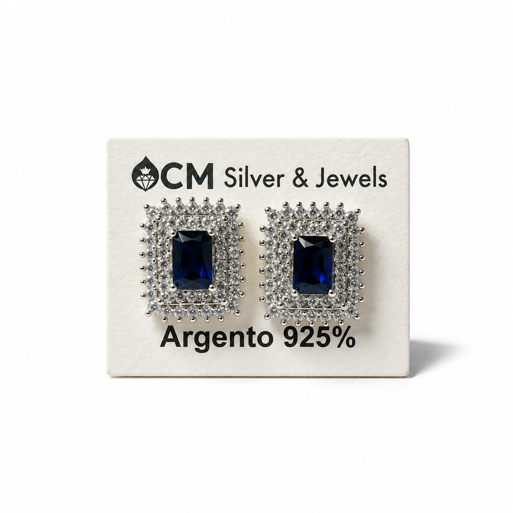 Orecchini a Chiodo in Argento 925 Rettangolari con Pietra Blu | CM Silver Jewels