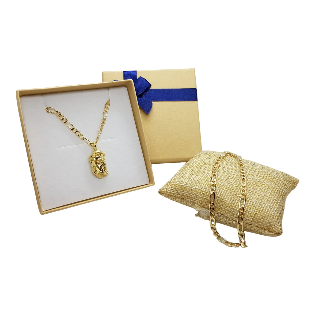 Set Uomo Collana e Bracciale in Argento 925 Placcato Oro – Maglia Figaro con Ciondolo Testa di Cristo - Gioielleria CM SILVER & JEWELS