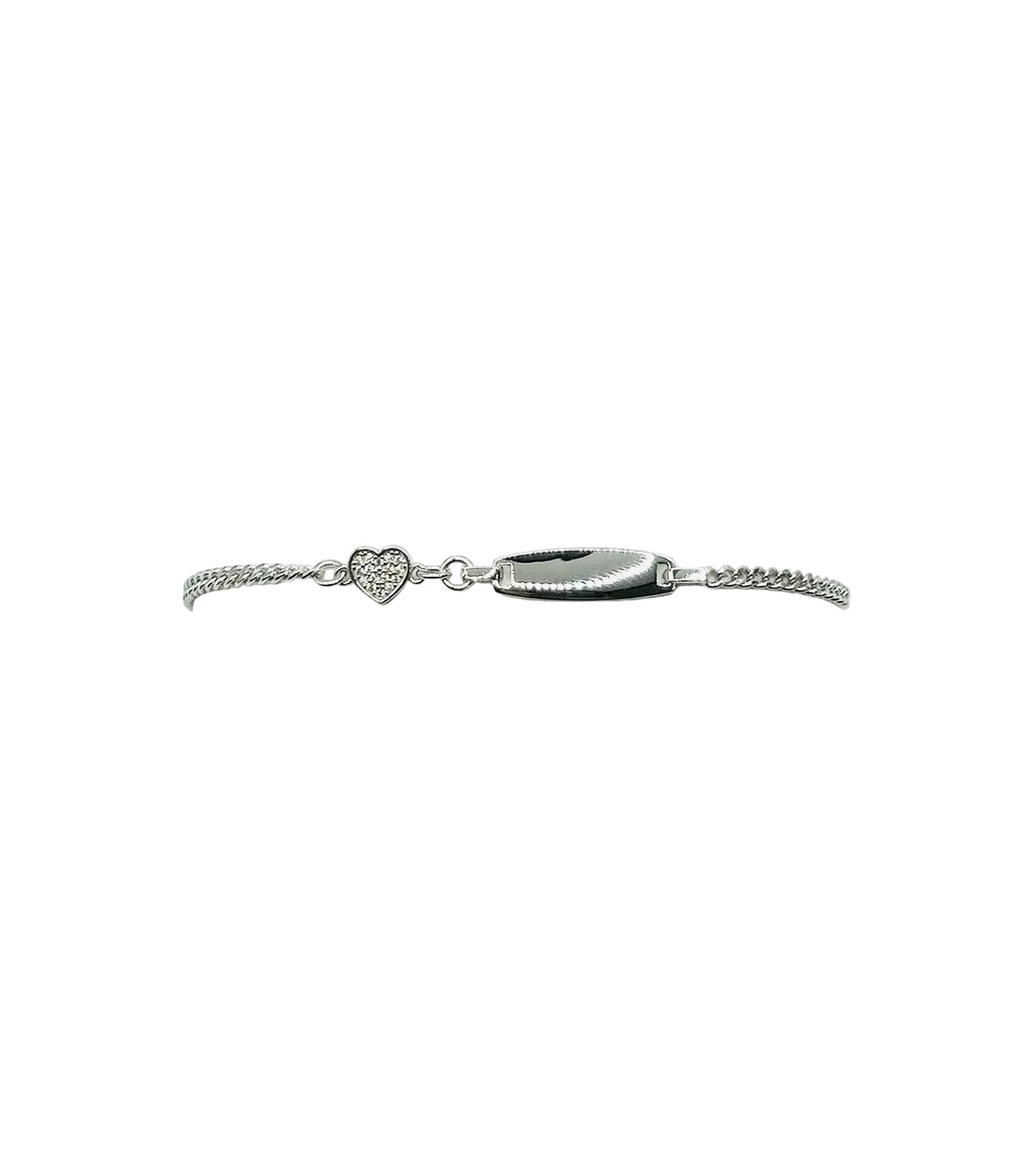 Bracciale in argento 925 con maglia fine, piastrina rettangolare e cuore con zirconi, stile elegante.