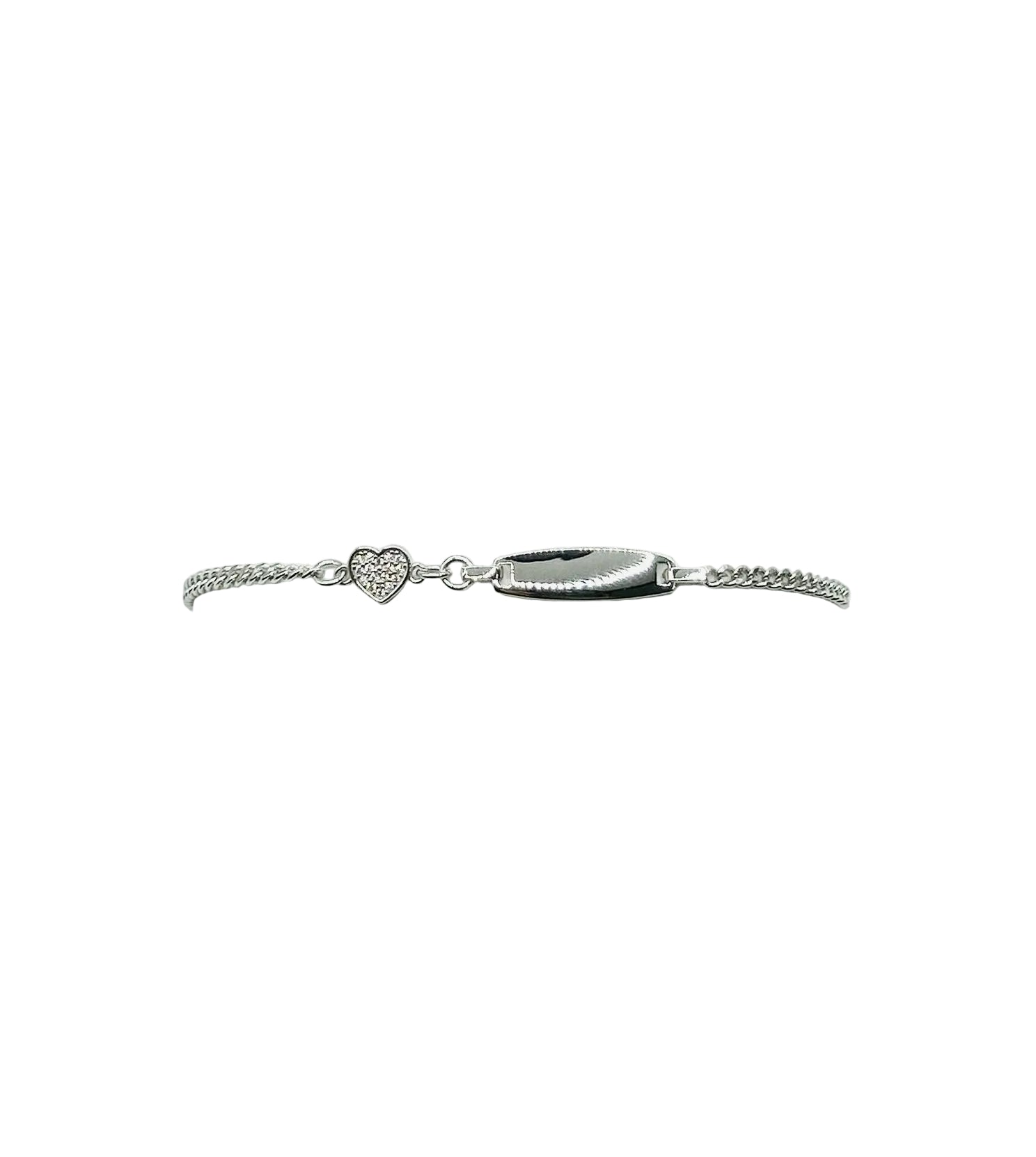 Bracciale in argento 925 con maglia fine, piastrina rettangolare e cuore con zirconi, stile elegante.
