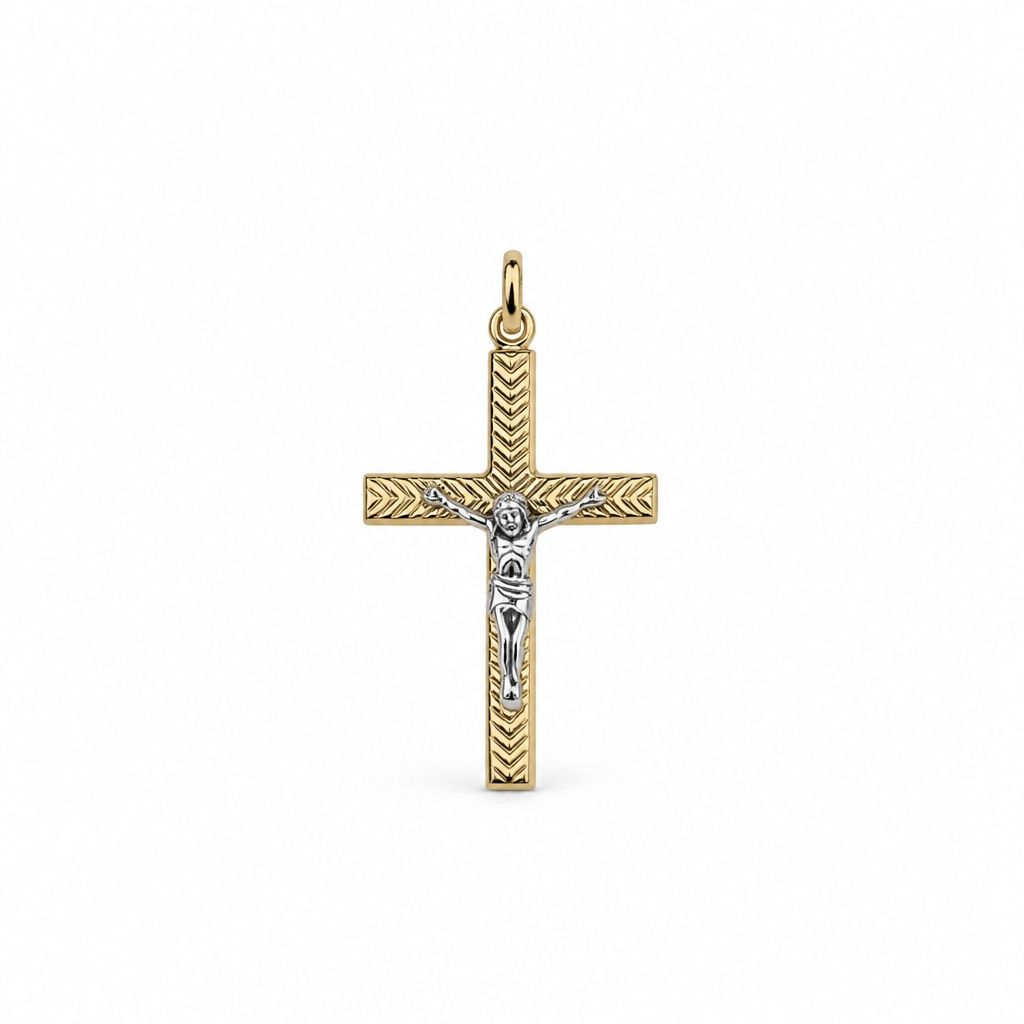 Crocifisso in Oro 18kt Bicolore Lavorazione a Spiga con Cristo – 35×17mm | CM Silver Jewels