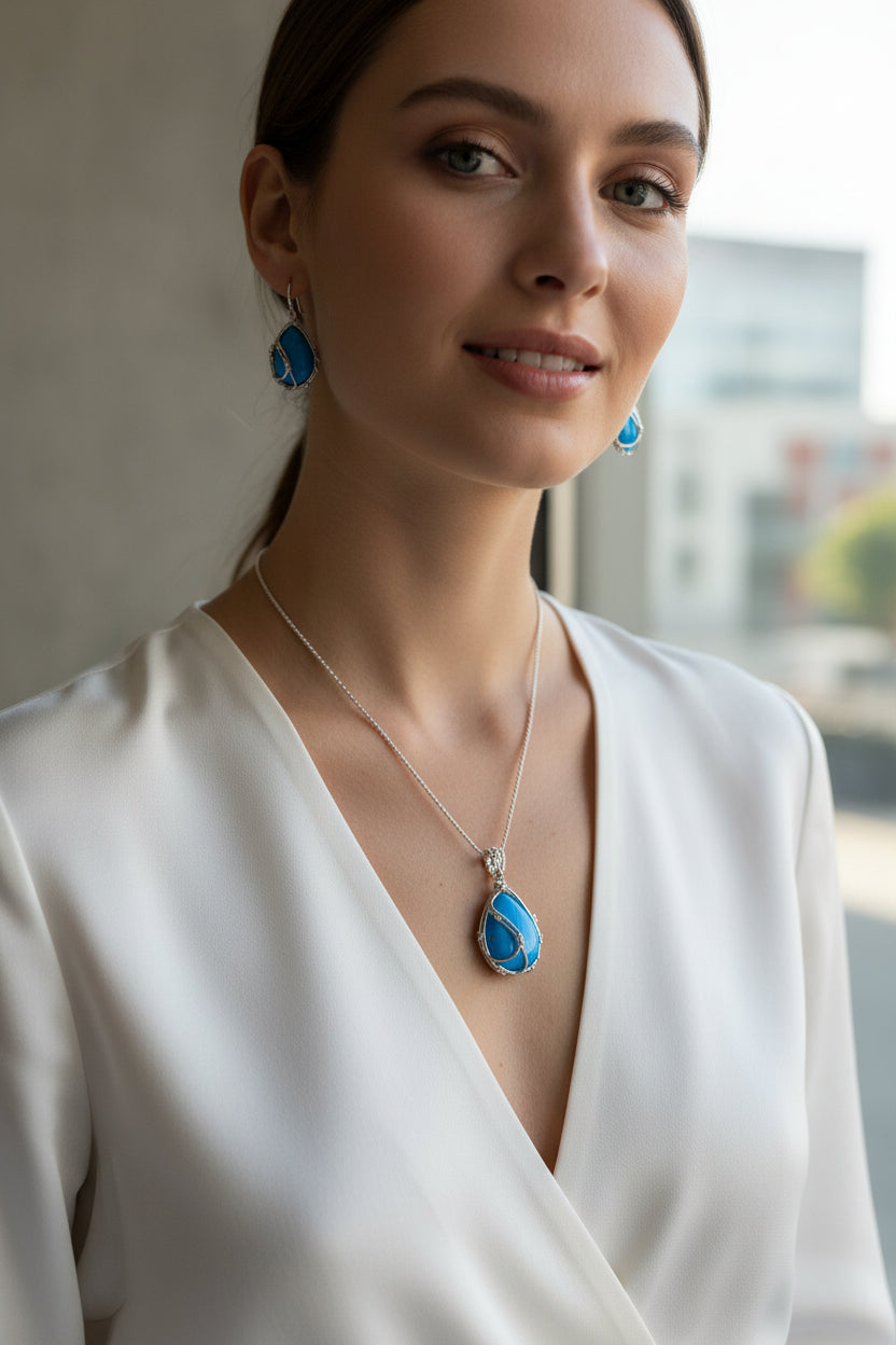 Parure in Argento 925 con Turchese Azzurro e Zirconi – Collana + Orecchini | CM Silver Jewels