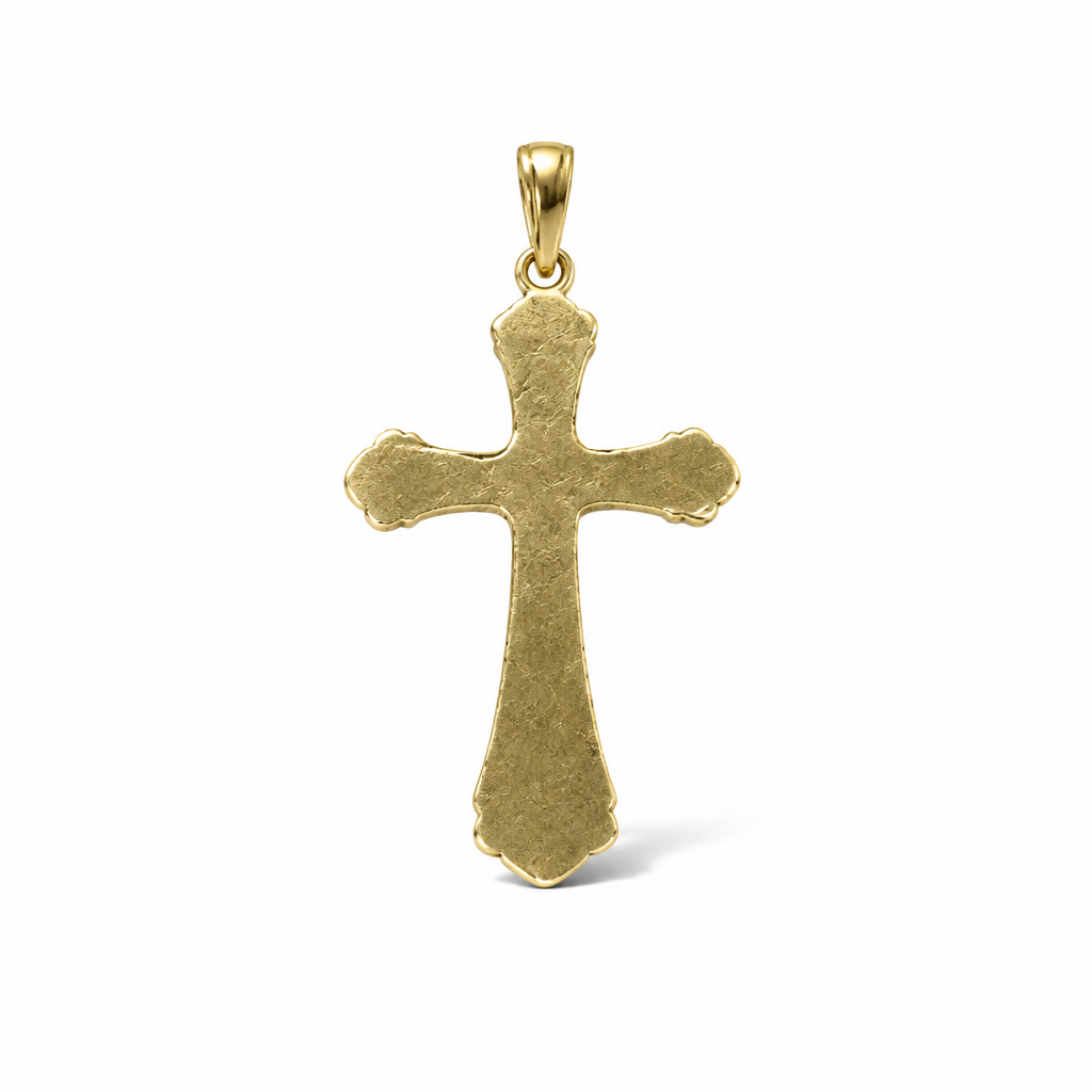 Retro della croce bicolore in oro 18 carati da 30×20 mm, con superficie lavorata e contromaglia dorata
