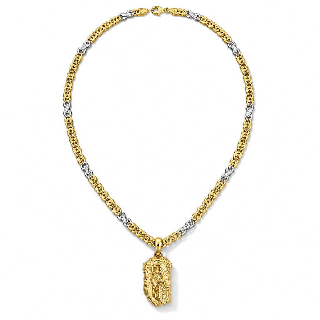 Collana bicolore in argento 925 e oro 24 kt con ciondolo Volto di Cristo e corona di spine, vista frontale su fondo bianco.”