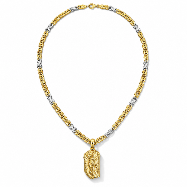 Collana bicolore in argento 925 e oro 24 kt con ciondolo Volto di Cristo e corona di spine, vista frontale su fondo bianco.”