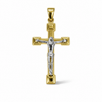 Croce bicolore in oro 18 carati con Cristo dal tono bianco, bracci dorati e terminali squadrati, 42×22 mm, vista frontale
