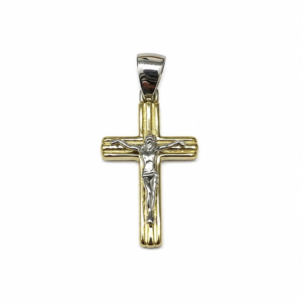 Crocetta Crocifisso in Oro 18kt Bicolore Oro Giallo e Oro Bianco – 30×15mm | CM Silver Jewels