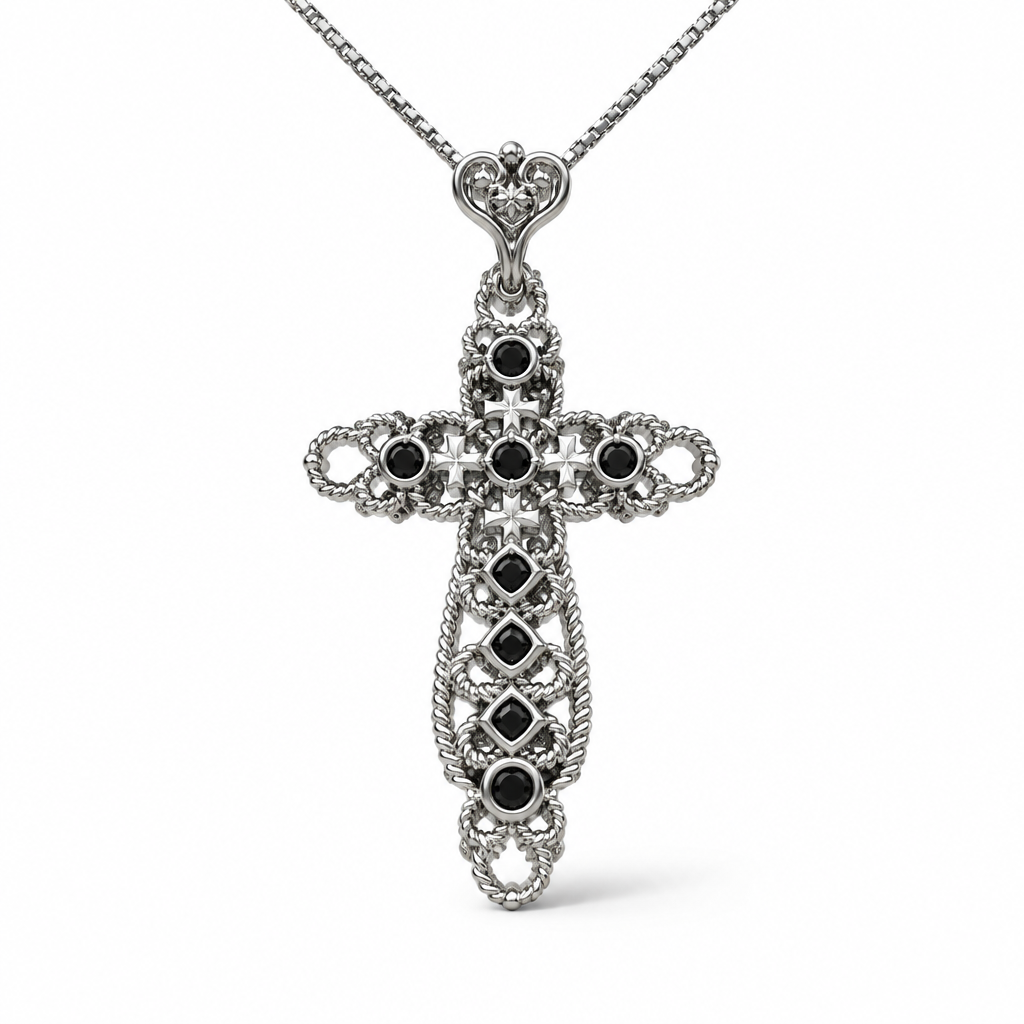 925 Sterling Silver Necklace with Filigree Cross and Black Stones – 45 cm | CM Silver Jewels