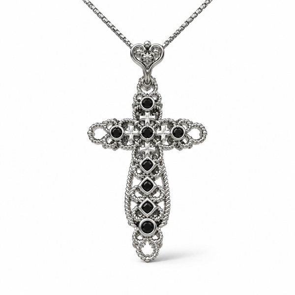 925 Sterling Silver Necklace with Filigree Cross and Black Stones – 45 cm | CM Silver Jewels