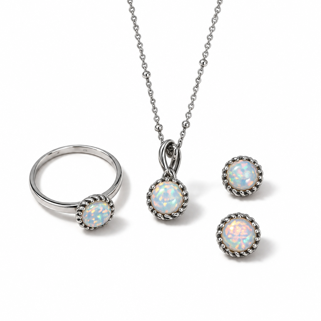 925 Sterling Silver Jewelry Set with Synthetic Opal, 45 cm Necklace and Size 17 Ring | CM Silver Jewels