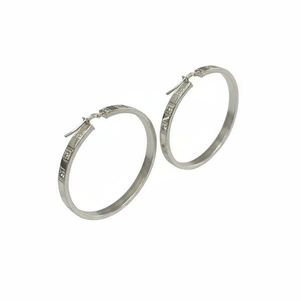 Orecchini Creole Piatte in Argento 925 con Motivo Greco e Zirconi – 4,5 cm | CM Silver Jewels