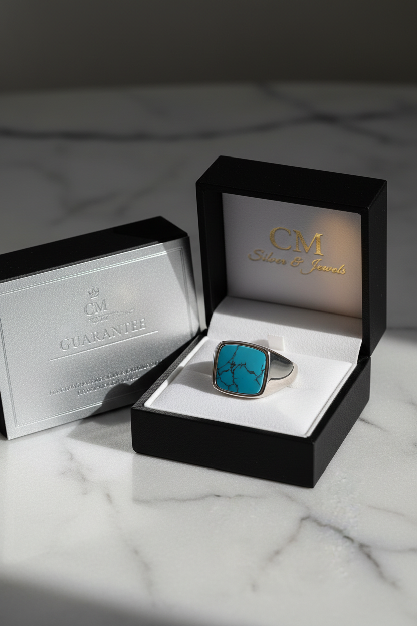 Anello Chevalier Quadrato in Argento 925 con Pietra Naturale – 3 Colori, Misura Regolabile | CM Silver Jewels