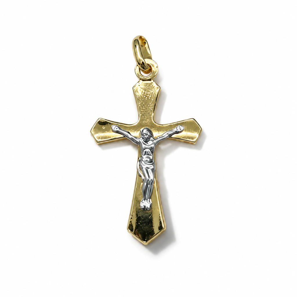 Croce bicolore in oro 18 carati con Cristo e bracci sagomati, 30×20 mm, vista frontale
