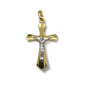 Croce bicolore in oro 18 carati con Cristo e bracci sagomati, 30×20 mm, vista frontale

