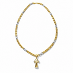 Collana in argento 925 placcato oro bicolore con maglie dorate e argentate e ciondolo a croce su fondo bianco