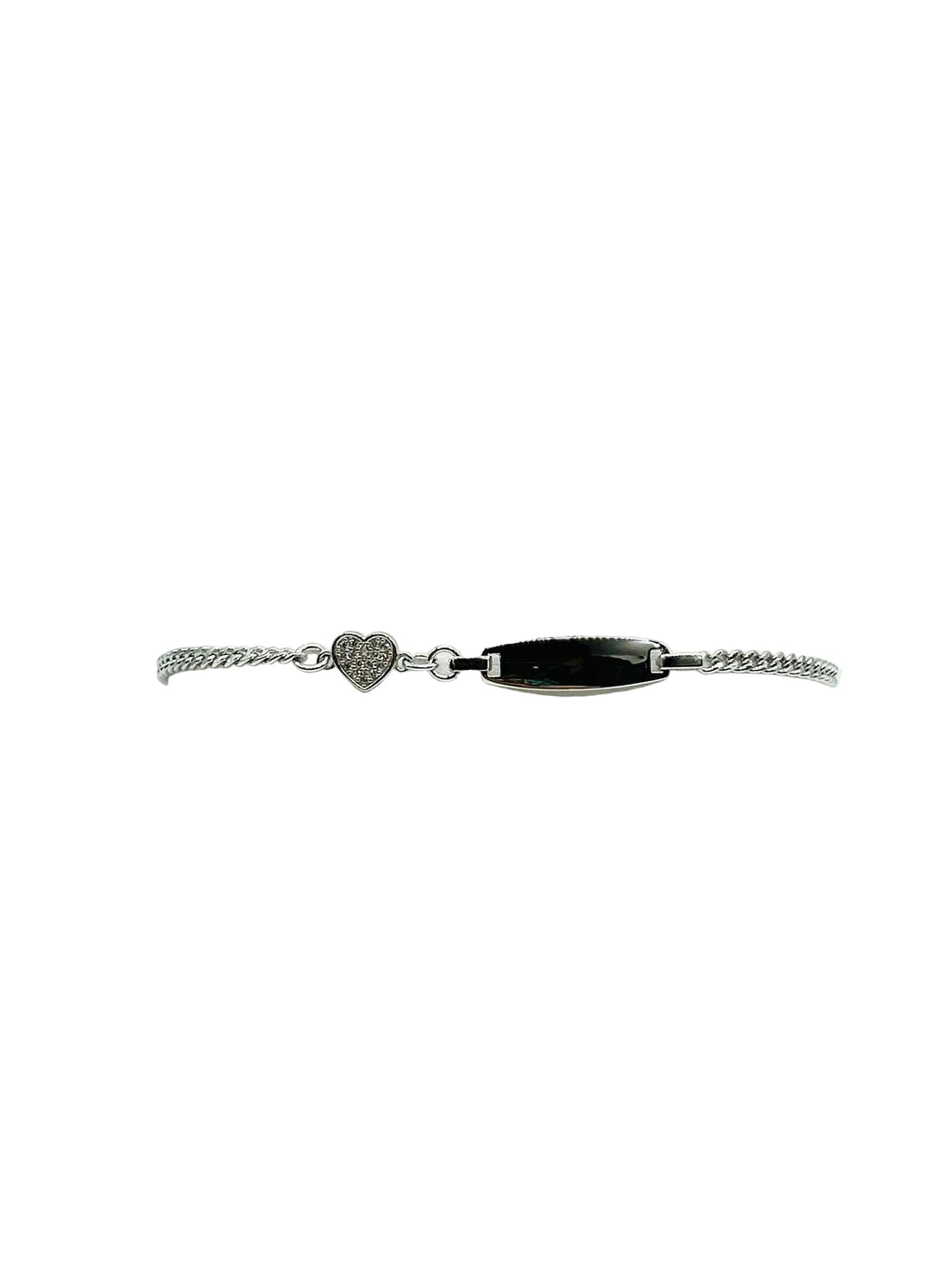 Bracciale in argento 925 da donna con targhetta rettangolare e ciondolo cuore, stile elegante.