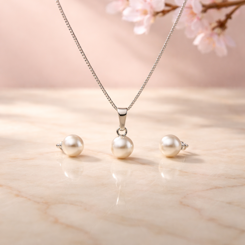 Silver Pearl Set - Necklace and Earrings