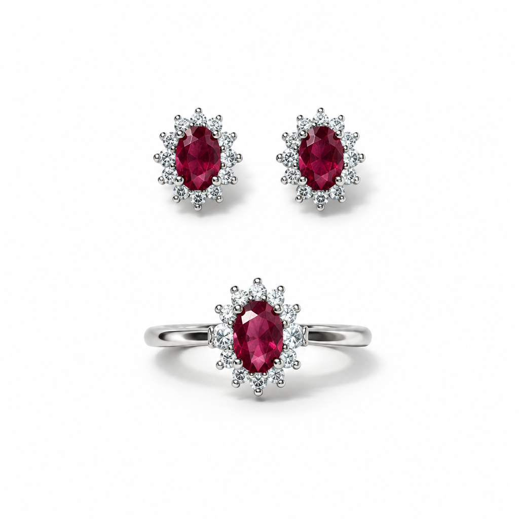 Set Regina con Pietra Rossa, Anello Regolabile e Orecchini 10 mm | CM Silver Jewels