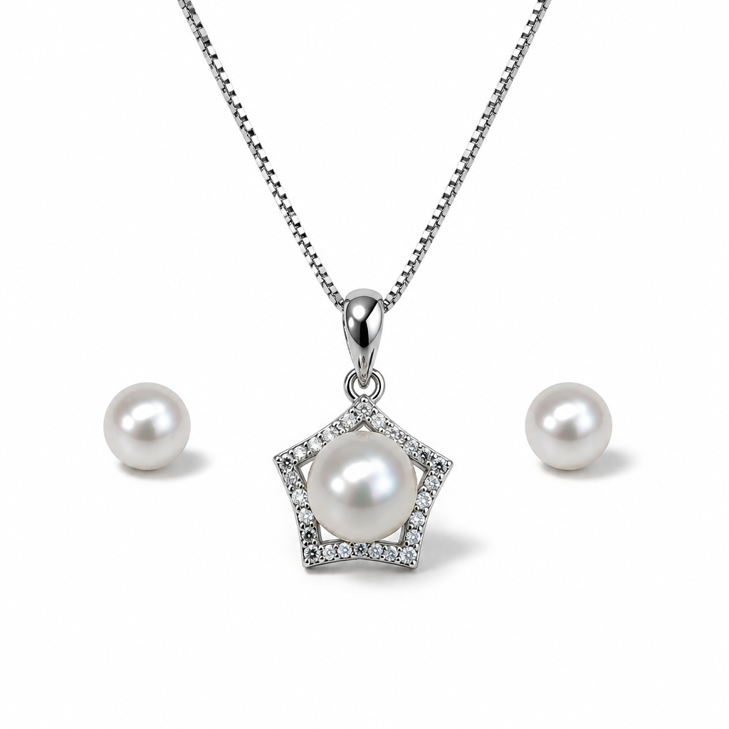 925 Silver Jewelry Set with Pearl and Star, 42 cm Necklace and 5 mm Earrings | CM Silver Jewels