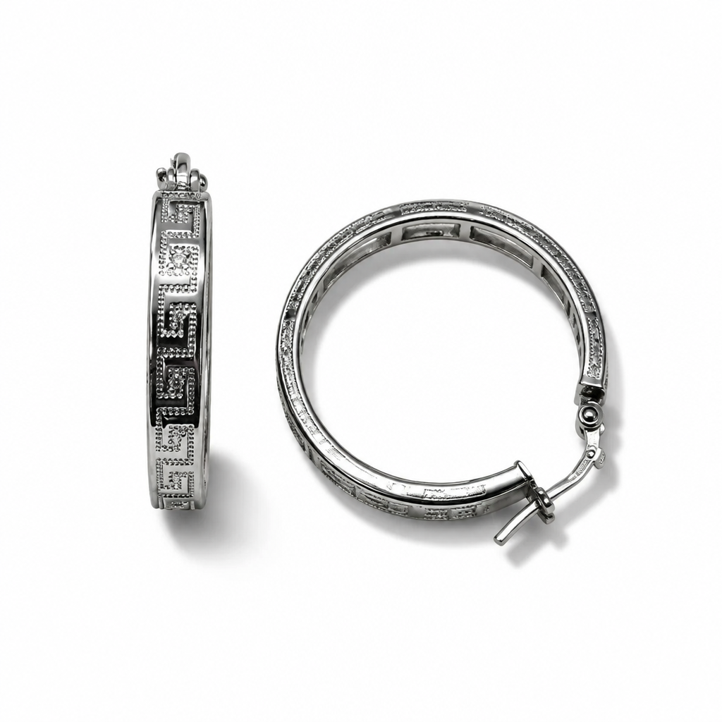 Orecchini a Cerchio in Argento 925 con Greca in Pavé – 20 mm | CM Silver Jewels