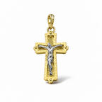 Croce bicolore in oro 18 carati con Cristo, cornice lavorata e dettagli sferici in rilievo, vista frontale
