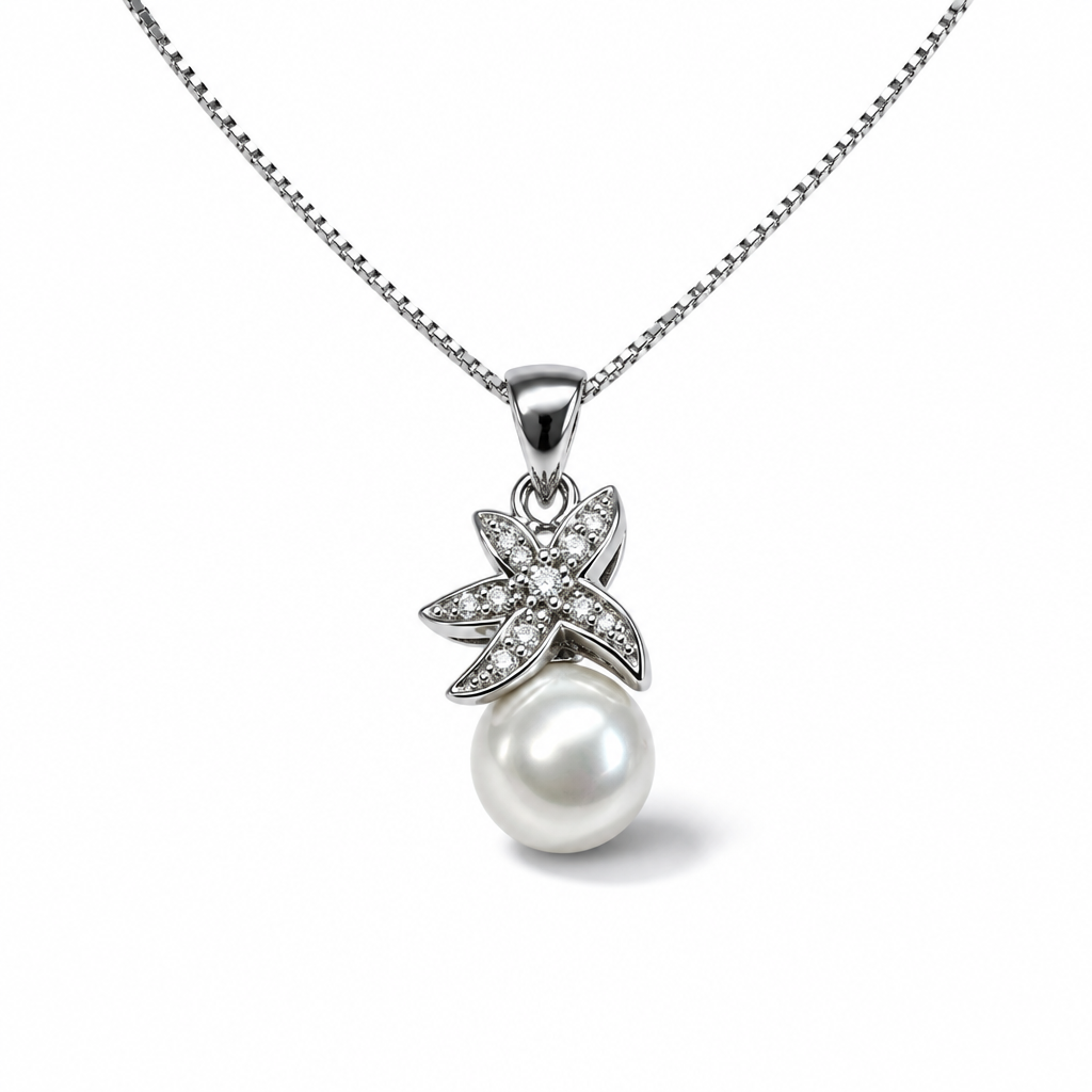 925 Sterling Silver Necklace with Freshwater Pearl and Starfish with Cubic Zirconia 45 cm | CM Silver Jewels