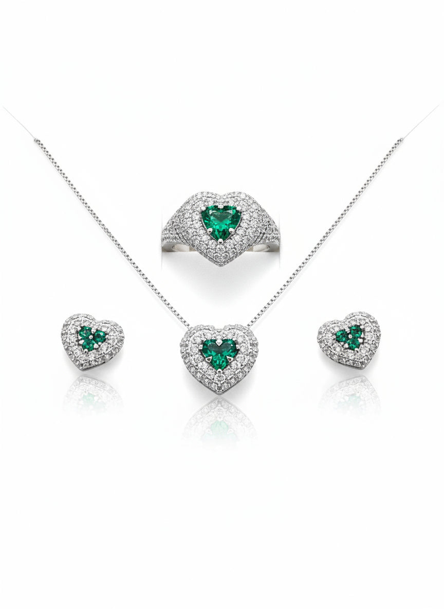 Set Collana, Anello Regolabile e Orecchini in Argento 925 – Cuore con Cristalli Verdi e Zirconi - Gioielleria CM SILVER & JEWELS