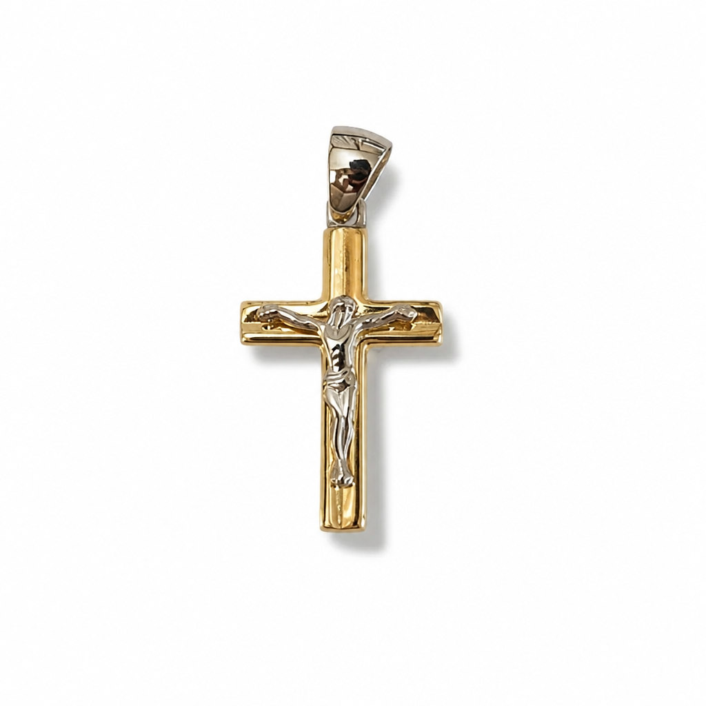 Croce Bicolore in Oro 18 Carati con Cristo – Design Essenziale 3 cm | CM Silver Jewels