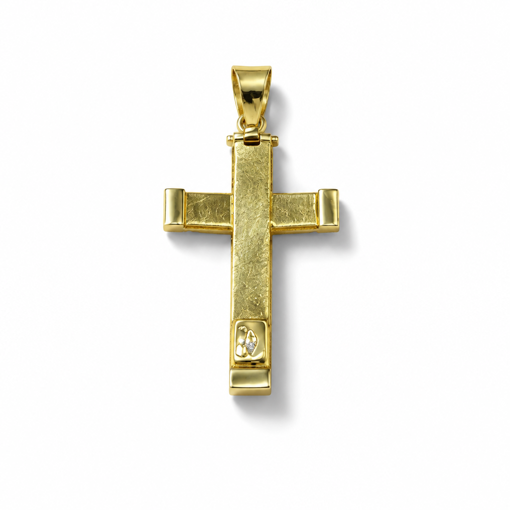 Retro della croce in oro 18 carati da 32×18 mm, con bracci squadrati, superficie lavorata e terminali lucidi
