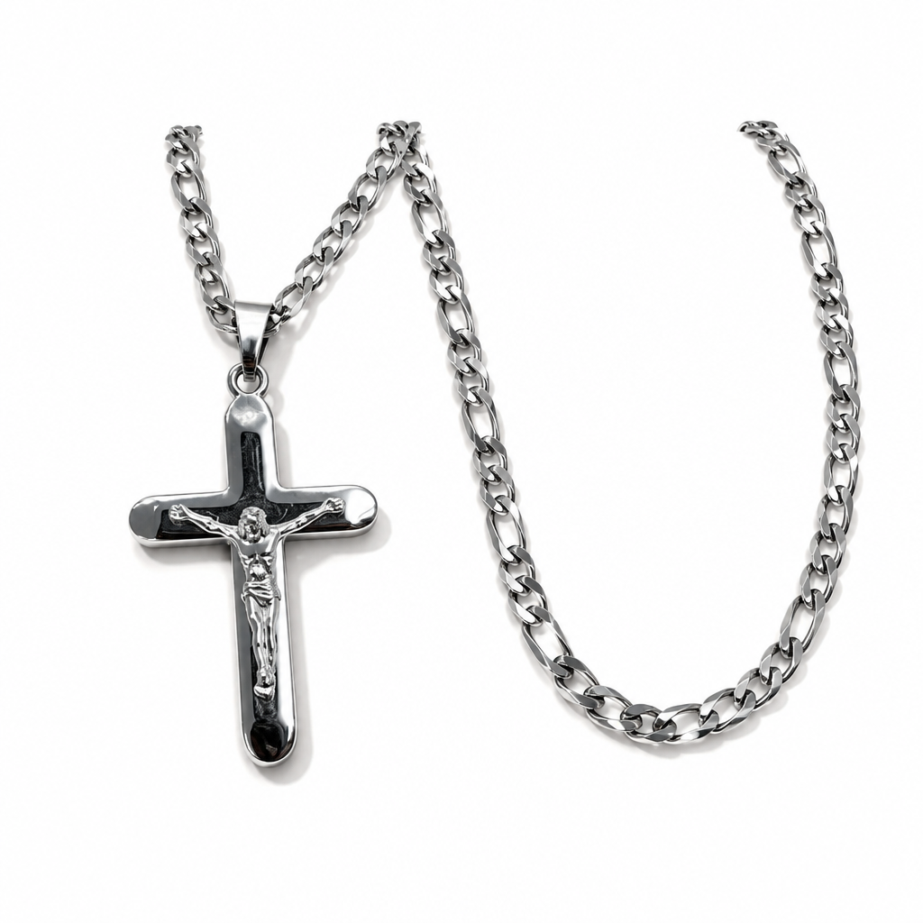 925 Sterling Silver Necklace with Crucifix and 55 cm Figaro Chain | CM Silver Jewels