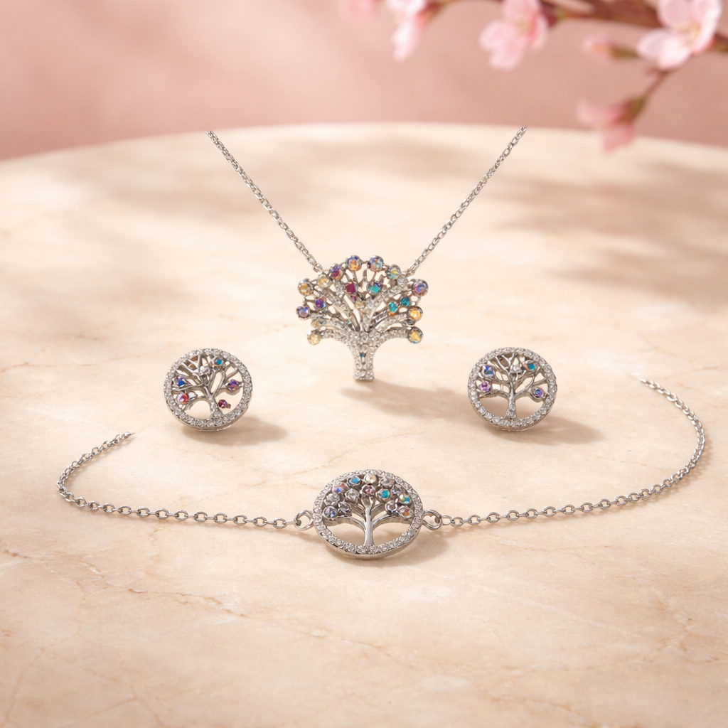 Ensemble de bijoux Arbre de Vie en argent 925 – Collier, bracelet et boucles d'oreilles hypoallergéniques sans nickel