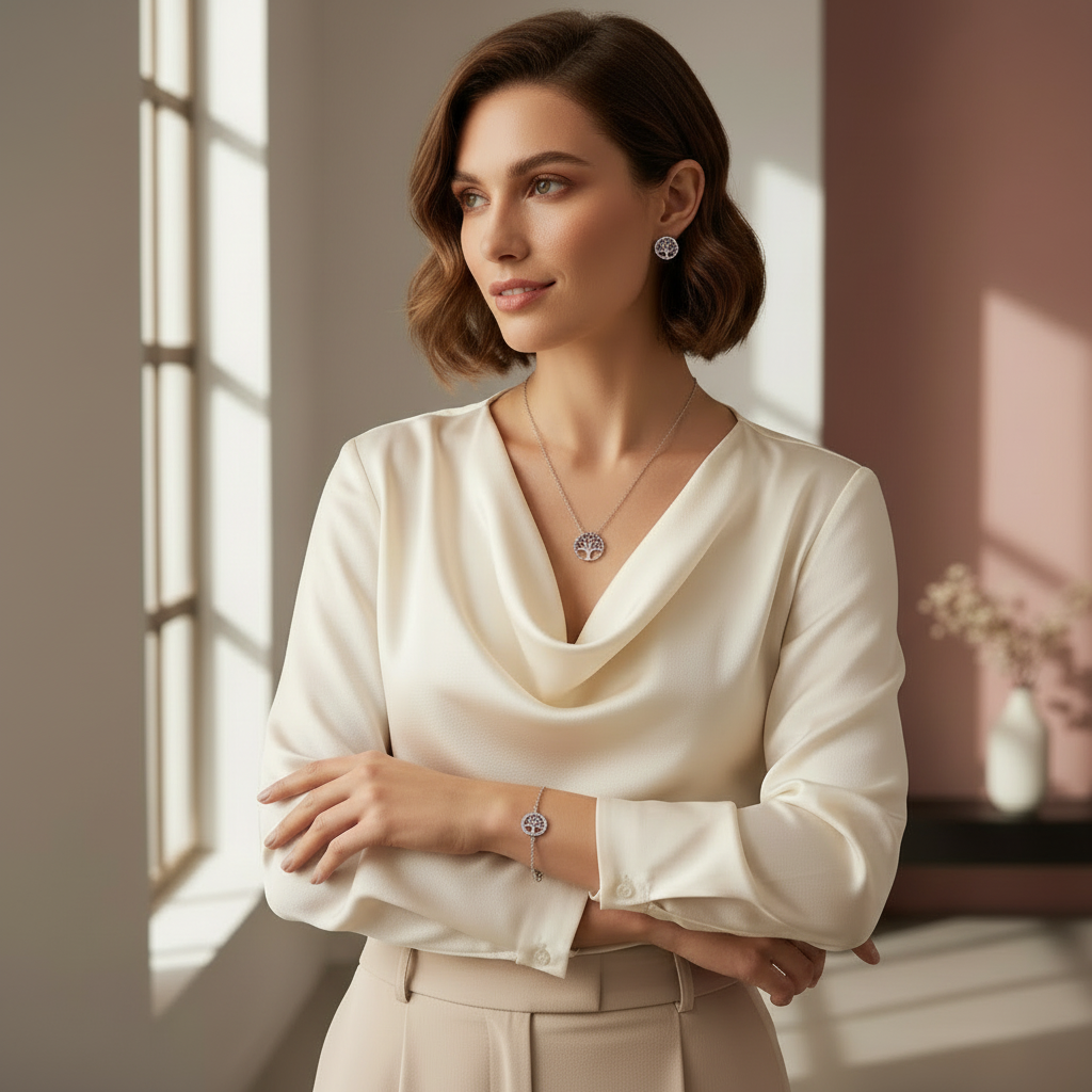 Ensemble de bijoux Arbre de Vie en argent 925 – Collier, bracelet et boucles d'oreilles hypoallergéniques sans nickel