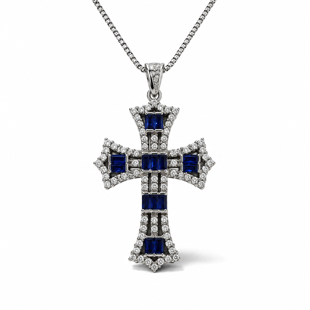 925 Sterling Silver Necklace with Cross and White and Blue Cubic Zirconia – 45 cm | CM Silver Jewels