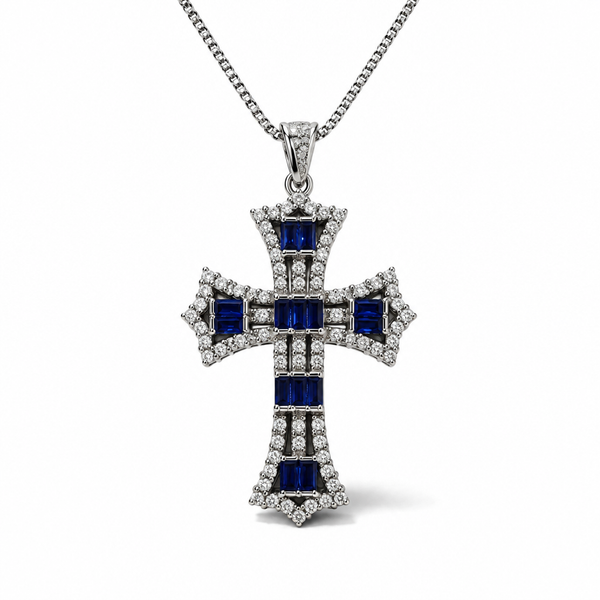 Collana in Argento 925 con Croce e Zirconi Bianchi e Blu – 45 cm | CM Silver Jewels