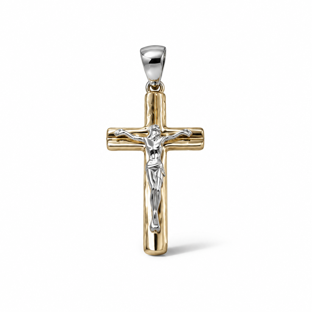 Croce bicolore in oro 18 carati con Cristo, bracci arrotondati e finitura lucida, 31×15 mm, vista frontale
