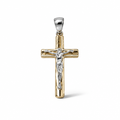 Croce bicolore in oro 18 carati con Cristo, bracci arrotondati e finitura lucida, 31×15 mm, vista frontale
