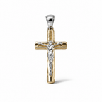 Croce bicolore in oro 18 carati con Cristo, bracci arrotondati e finitura lucida, 31×15 mm, vista frontale
