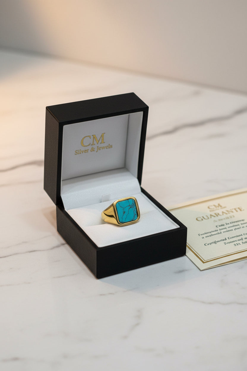 Anello Chevalier Uomo in Argento 925 Dorato con Pietra Naturale – 3 Colori, Misura Regolabile | CM Silver Jewels