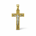 Croce bicolore in oro 18 carati con Cristo, motivi a greca e bordi lucidi, 44×22 mm, vista frontale
