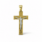 Croce bicolore in oro 18 carati con Cristo, motivi a greca e bordi lucidi, 44×22 mm, vista frontale
