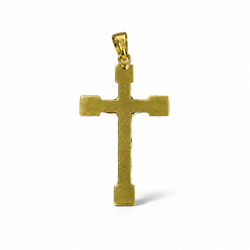 Retro della croce in oro 18 carati da 42×22 mm, con superficie dorata, bracci lineari e terminali squadrati
