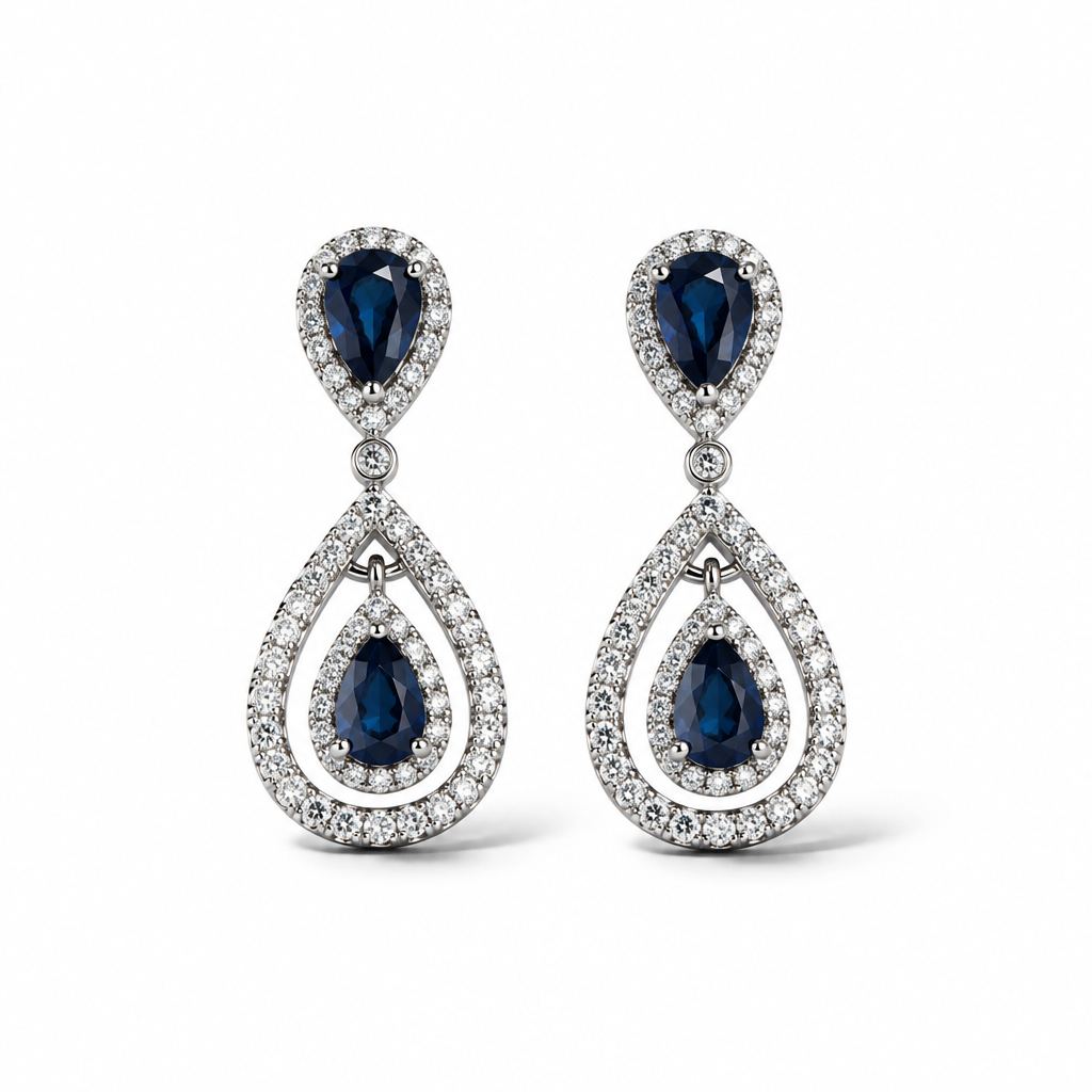 Orecchini in Argento 925 Doppia Goccia con Zirconi Blu e Bianchi 26 mm | CM Silver Jewels