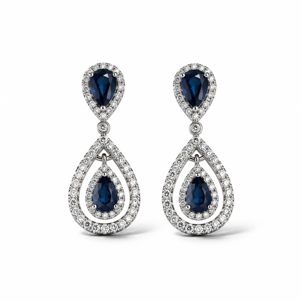 Orecchini in Argento 925 Doppia Goccia con Zirconi Blu e Bianchi 26 mm | CM Silver Jewels