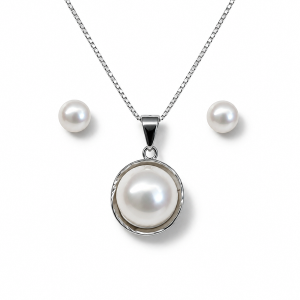 Parure in Argento 925 con Perla Tonda, Collana 45 cm e Orecchini 5 mm | CM Silver Jewels