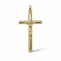 Croce in oro giallo 18 carati con Cristo in rilievo, bracci lineari e finitura lucida, 40×20 mm, vista frontale
