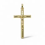 Croce in oro giallo 18 carati con Cristo in rilievo, bracci lineari e finitura lucida, 40×20 mm, vista frontale
